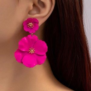 Hot pink flower earrings - fuchsia clip on earrings- pink flower earrings.